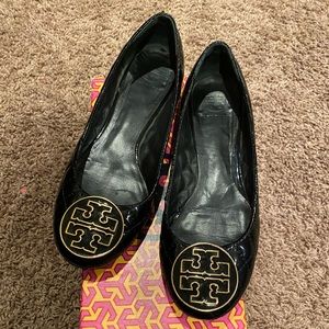 Tory Burch black patent leather Quinn flats